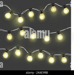 Luci natalizie per biglietti, striscioni, poster, web design. Set di lampada al neon a LED dorata al ghirlante xmas illustrazione vettoriale Illustrazione Vettoriale
