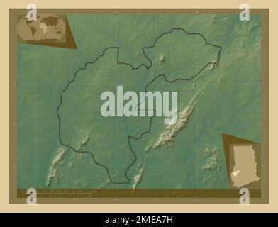 Ahafo, regione del Ghana. Mappa di altitudine colorata con laghi e fiumi. Mappe delle posizioni ausiliarie degli angoli Foto Stock