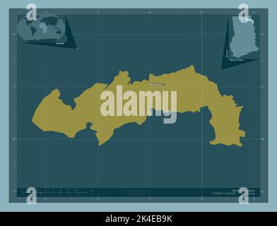 Nord Est, regione del Ghana. Forma a tinta unita. Località e nomi delle principali città della regione. Mappe delle posizioni ausiliarie degli angoli Foto Stock