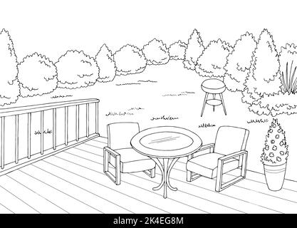 Backyard deck giardino grafico bianco nero disegno vettore illustrazione Illustrazione Vettoriale