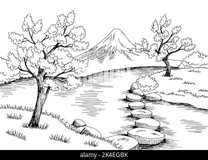 Giappone giardino lago grafico bianco nero paesaggio disegno vettore illustrazione Illustrazione Vettoriale