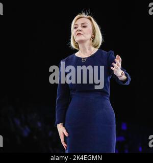 Liz Truss (Elizabeth Truss), primo ministro britannico, parla alle ultime marchette nella gara di leadership, Londra, Regno Unito Foto Stock