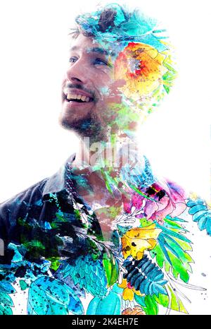 Pittura. Pittura colorata di piante abbinate ad un ritratto Foto Stock