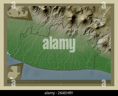 Escuintla, dipartimento del Guatemala. Mappa dell'altitudine colorata in stile wiki con laghi e fiumi. Mappe delle posizioni ausiliarie degli angoli Foto Stock