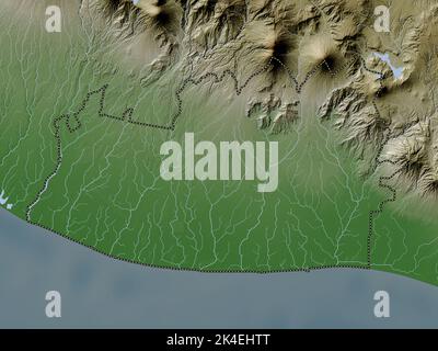 Escuintla, dipartimento del Guatemala. Mappa dell'altitudine colorata in stile wiki con laghi e fiumi Foto Stock