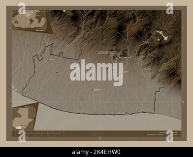 Escuintla, dipartimento del Guatemala. Mappa dell'altitudine colorata in tonalità seppia con laghi e fiumi. Località e nomi delle principali città della regione. Cor Foto Stock