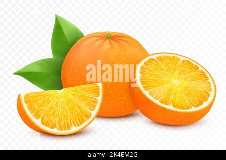 Frutta fresca d'arancia, arancia succosa con foglie, metà, fetta e frutta intera, isolata su fondo bianco. Rappresentazione realistica del vettore 3D Illustrazione Vettoriale