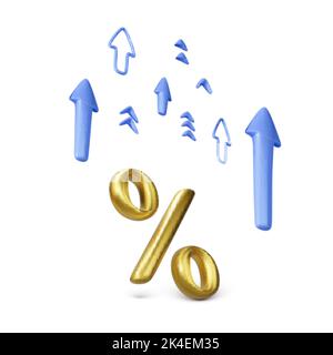 Icona della percentuale d'oro con frecce blu in stile cartoon 3D. Aumentare il tasso di interesse del deposito bancario. Concetto di business e di investimento. Crescita delle scorte su s Illustrazione Vettoriale