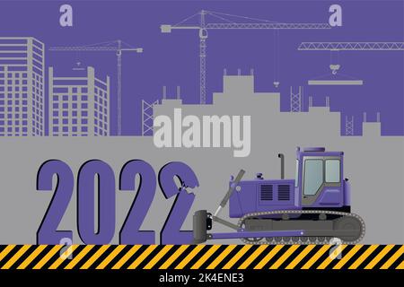Biglietto di auguri felice anno nuovo 2022. L'uscita 2021 bulldozer batte sullo sfondo di un cantiere. Colore dell'anno 2022, molto peri. Illustrazione Vettoriale