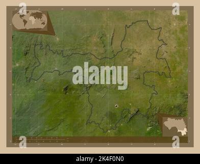Nzerekore, regione della Guinea. Mappa satellitare a bassa risoluzione. Mappe delle posizioni ausiliarie degli angoli Foto Stock