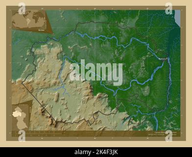 Cuyuni-Mazaruni, regione della Guyana. Mappa di altitudine colorata con laghi e fiumi. Località e nomi delle principali città della regione. Angolo ausiliario basso Foto Stock