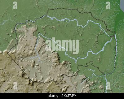 Cuyuni-Mazaruni, regione della Guyana. Mappa dell'altitudine colorata in stile wiki con laghi e fiumi Foto Stock