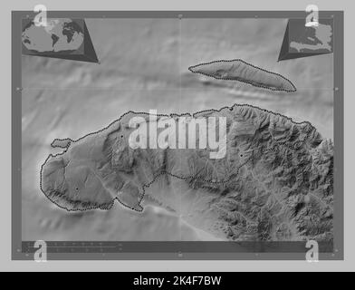 Nord-Ouest, dipartimento di Haiti. Mappa in scala di grigi con laghi e fiumi. Posizioni delle principali città della regione. Mappa della posizione ausiliaria ad angolo Foto Stock