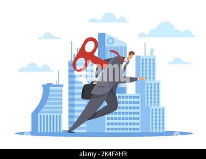 Aumento di energia per le giornate di lavoro. Uomo d'affari in tuta con valigetta. Uomo con meccanismo a orologeria. Posa dinamica energica, fretta, tempo Illustrazione Vettoriale