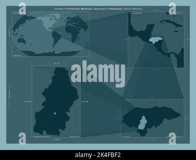 Francisco Morazan, dipartimento dell'Honduras. Diagramma che mostra la posizione della regione su mappe in scala più grande. Composizione di fotogrammi vettoriali e forma PNG Foto Stock