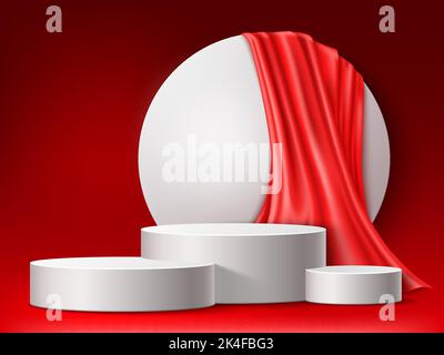 Piedistallo con tendaggi in seta rossa. Sfondo realistico per la presentazione dei prodotti di bellezza, ambiente mockup pronto all'uso, 3D cilindri Illustrazione Vettoriale