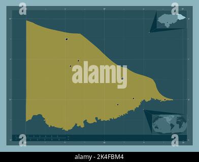 Gracias a Dios, dipartimento dell'Honduras. Forma a tinta unita. Posizioni delle principali città della regione. Mappe delle posizioni ausiliarie degli angoli Foto Stock