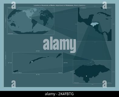 Islas de la Bahia, dipartimento dell'Honduras. Diagramma che mostra la posizione della regione su mappe in scala più grande. Composizione di fotogrammi vettoriali e forma PNG Foto Stock