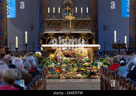 Hildesheim, Germania. 02nd Ott 2022. I prodotti del raccolto si trovano davanti all'altare al Festival del raccolto dello Stato della bassa Sassonia del 8th nella chiesa parrocchiale Basilica di San Godehard. Per la prima volta, la festa statale del raccolto si svolge come evento ecumenico. Credit: Moritz Frankenberg/dpa/Alamy Live News Foto Stock