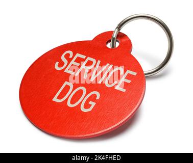 Taglio rosso dell'etichetta del cane di servizio sul bianco. Foto Stock