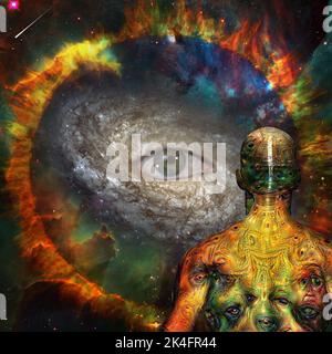 Figura dell'uomo con strani occhi demoniaci sulla sua pelle sta davanti al vivido universo. Rendering 3D Foto Stock