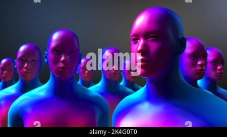 Rendering 3D. Figure umanoidi e scena sicifi Foto Stock