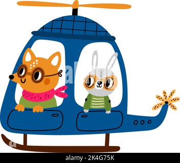 Pilota animale. Carino personaggio cartone animato in aereo. Volando in elicottero la volpe e il coniglio. Mammal pilota chopper con il passeggero lepre. Trasporto aereo Illustrazione Vettoriale