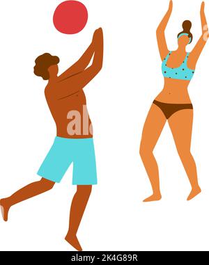 Gente di spiaggia. Uomo e donna giocano a pallavolo insieme. Vacanze estive. Tempo libero sulla riva del mare. Persone felici in costume da bagno. Giochi attivi sulla sabbia. Coppia Illustrazione Vettoriale