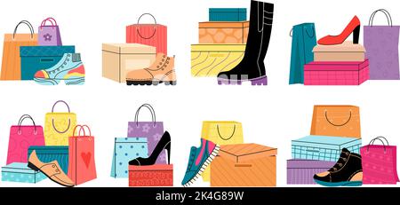 Scatole per la spesa di scarpe, sneakers e scarpe da donna. Confezione di carta artigianale negozio di moda, diversi negozi colorati sacchetti per la spesa. Decent stivali e gommose vettore Illustrazione Vettoriale