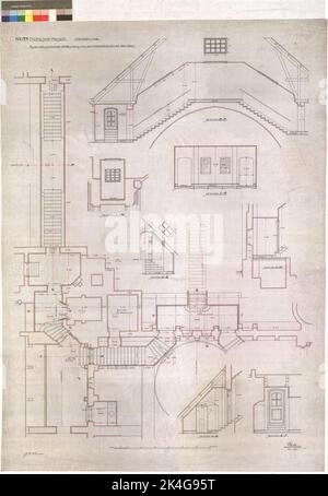 Disegnando sul tessuto sopra l'edificio principale del Museo nordico. La festa centrale. Vento. Pianta e sezioni dell'ascensore Abside e le scale sopra l'abisso. Piano e sezione. L'absid, vento e le scale di vento. 130x93 cm. Inchiostro rosso, verde e giallo. Disegno a linee, a mano libera. In Gust Clason 20 febbraio 1904. P J K PETERSSON. Nordico Foto Stock