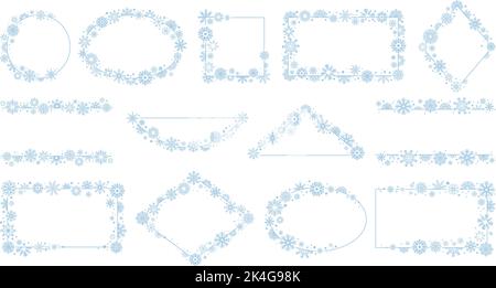 Fiocchi di neve di Natale bordi e cornici. Crea il quadro fiocco di neve, xmas carte elementi decorativi di design. Inverno ornamento decent vettore set Illustrazione Vettoriale