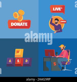 Streaming video. I gamer che effettuano trasmissioni via Internet su PC giocano ai videogame e prendono donazioni dagli utenti Illustrazione Vettoriale