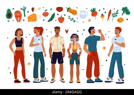 Gente atletica del cartone animato. Alimentazione di dieta. Personaggi felici. Cibo sano. Verdura e frutta. Figure di persone tonate. Avocado e salmone. Corpi sottili Illustrazione Vettoriale