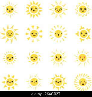 Personaggi del sole. Cartoon suns design, emoji espressioni felici, simpatiche emozioni sunkids, teste di sole, facce di energia Illustrazione Vettoriale