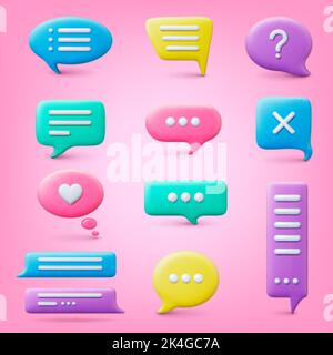 3d bubble discorso. Talk messaggio bolle, elementi pensanti design colorato. Pensiero o feedback, chat segni emotivi. Trendy conversazione vettore pia Illustrazione Vettoriale