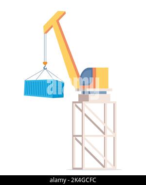 Gru portuale per il carico di container sulle navi. Illustrazione vettoriale in stile piatto Illustrazione Vettoriale