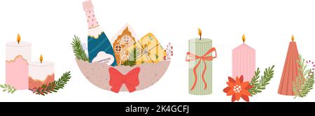 Composizioni di candele di Natale. Bottiglia di champagne e rami di abete, candela decorativa in cera, arco rosso e regalo con set vettoriale di pan di zenzero Illustrazione Vettoriale
