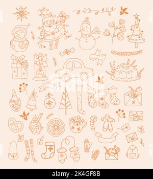 Natale collezione lineare doodle. Cute Babbo Natale, regalo, pupazzo di neve, pan di zenzero, scarpone di natale, caramelle, arredamento di nuovo anno, torta di vacanza, auto, dessert Illustrazione Vettoriale