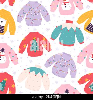 Maglioni brutti motivo senza cuciture. Pullover in stile cristmas vintage, jumper da festa invernale. Abiti per vacanze accoglienti e racy con stampa vettoriale per pupazzi di neve, orsi, ghirlande Illustrazione Vettoriale