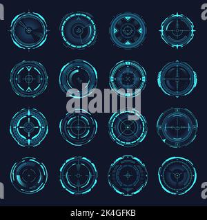 Vista del collimatore. Fotocamera con messa a fuoco fantascientica da guerra, sistema di controllo degli obiettivi hud, bussola elettronica tecnologia eye sniper Scope Circle Crosshair Digital Vision future, grafica vettoriale disinvolta Illustrazione Vettoriale