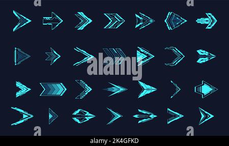 Frecce HUD. Frecce di fantascienza ologramma o puntatori futuristici a triangolo leggero, cursore digitale di movimento direzionale al neon cyberpunk simbolo di orientamento dell'interfaccia utente del gioco, illustrazione vettoriale di ologramma digitale Illustrazione Vettoriale
