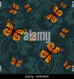 Modello senza cuciture con vortici e farfalle. Illustrazione vettoriale Illustrazione Vettoriale