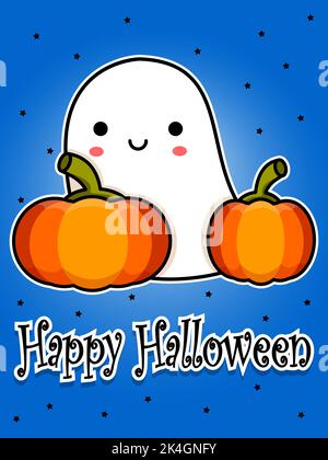 Cartolina di Halloween. Sorridente fantasma carino e zucche. Illustrazione del vettore piano del cartone animato. Illustrazione Vettoriale