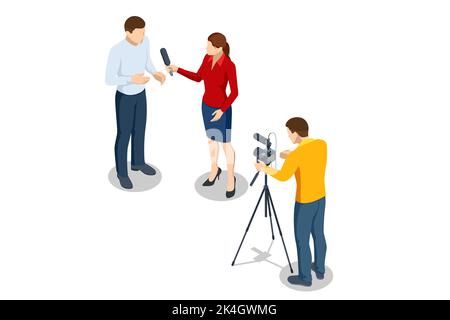 Isometric Video Blogger registra contenuti nel suo studio, Live Streaming, Broadcast Concept. Podcast sullo streaming video. Video online. Maschio e femmina Illustrazione Vettoriale