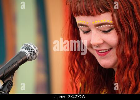 YOUNG, CANTANTE HOLLIE, ADWAITH: La giovane band gallese Adwaith suona la Rough Trade Tent al Green Man Festival 2019 in Galles, Regno Unito. Foto di Rob Watkins. Foto Stock