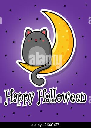 Cartolina di Halloween. Il gatto è seduto sulla luna. Adesivi di Halloween. Illustrazione del vettore piano del cartone animato. Illustrazione Vettoriale