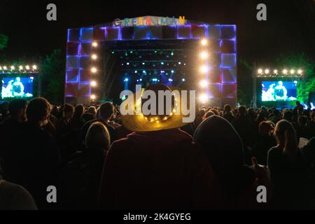 LUCI DELLE FATE, CAPPELLO DI PAGLIA, FESTIVAL MUSICALE: Incredibile atmosfera notturna del palco principale del concerto al Green Man Festival 2019 in Galles, Regno Unito. Foto: Rob Watkins Foto Stock