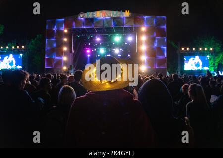 LUCI DELLE FATE, CAPPELLO DI PAGLIA, FESTIVAL MUSICALE: Incredibile atmosfera notturna del palco principale del concerto al Green Man Festival 2019 in Galles, Regno Unito. Foto: Rob Watkins Foto Stock