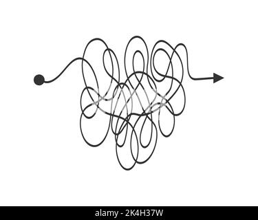 Linea caotica dal punto iniziale alla freccia finale. Concetto di soluzione di problemi complessi. Il cervello lavora con una nuova idea. Segno di complessità. Illustrazione grafica vettoriale Illustrazione Vettoriale