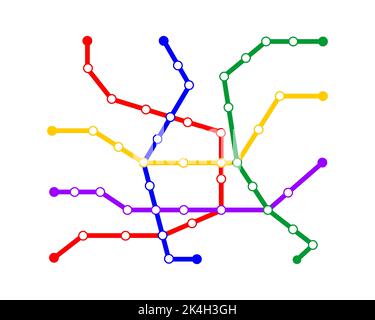 Modello mappa metropolitana. Schema della metropolitana con linee a 5 vie. Diagramma infografico della rete pubblica di trasporto rapido sotterraneo con stazioni isolate su sfondo bianco. Illustrazione vettoriale Illustrazione Vettoriale